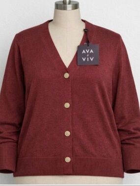 Ava & Viv Button-Front V-Neck Cardigan - Rust